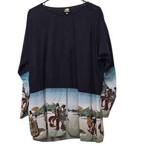 Namba O/S Black Long Sleeve Top Japanese Geisha Art Print